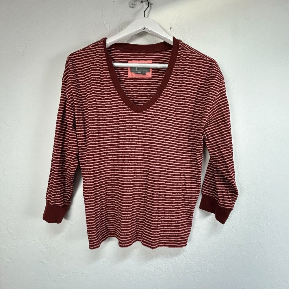 Anthropologie Womens Hanna Striped Sweater Top Pink Red V-Neck 3/4 Sleeve Medium
